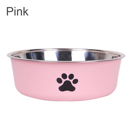 light pink non-slip stainless steel dog bowl with paw print icon