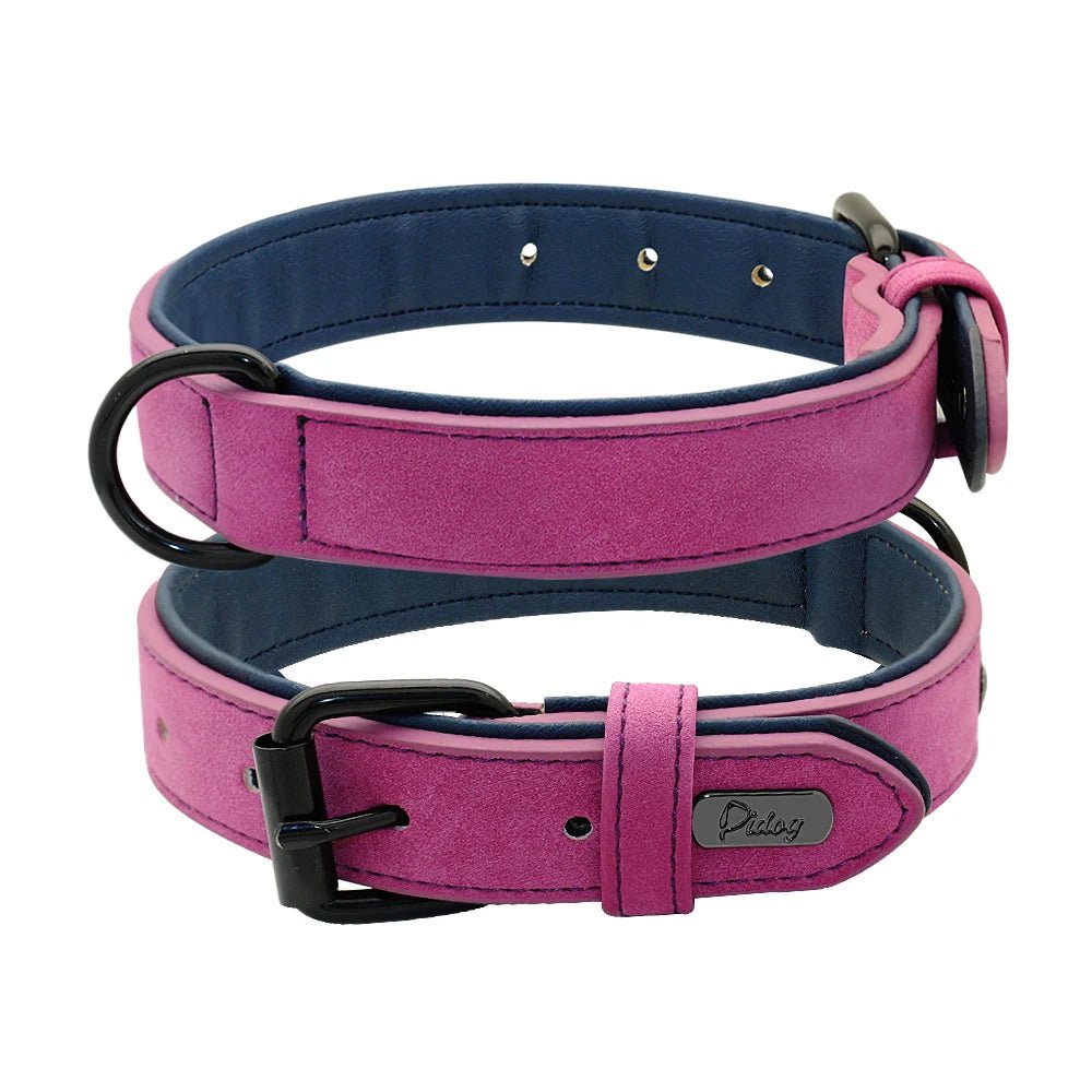 Two dark purple padded leather collars showing the soft black inner comfort lining