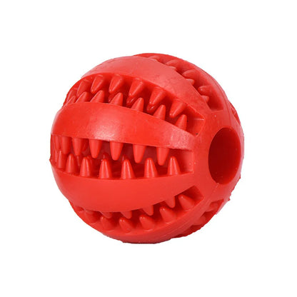 Front view of a standalone solid red durable rubber dental dog ball with grooved teeth cleaning slots