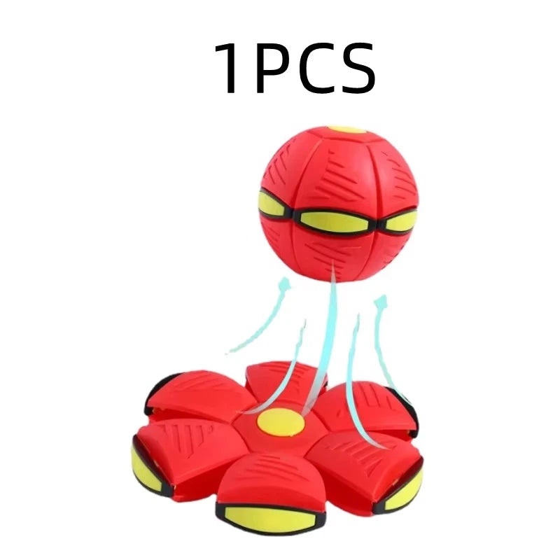 A standalone product shot displaying one piece of the red transforming saucer ball showing both the ball and expanded disc states