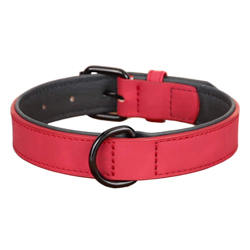 A vibrant red adjustable faux leather dog collar with a matte black buckle loop