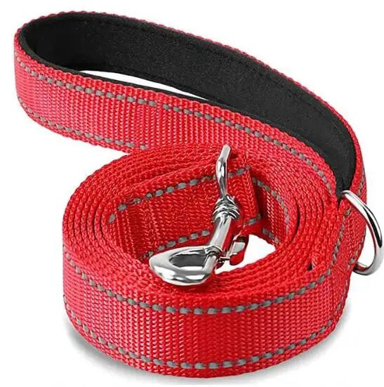 Rolled red reflective dog leash with strong clasp