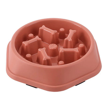 Red anti-choke slow feeder dog bowl with internal bone-shaped maze design