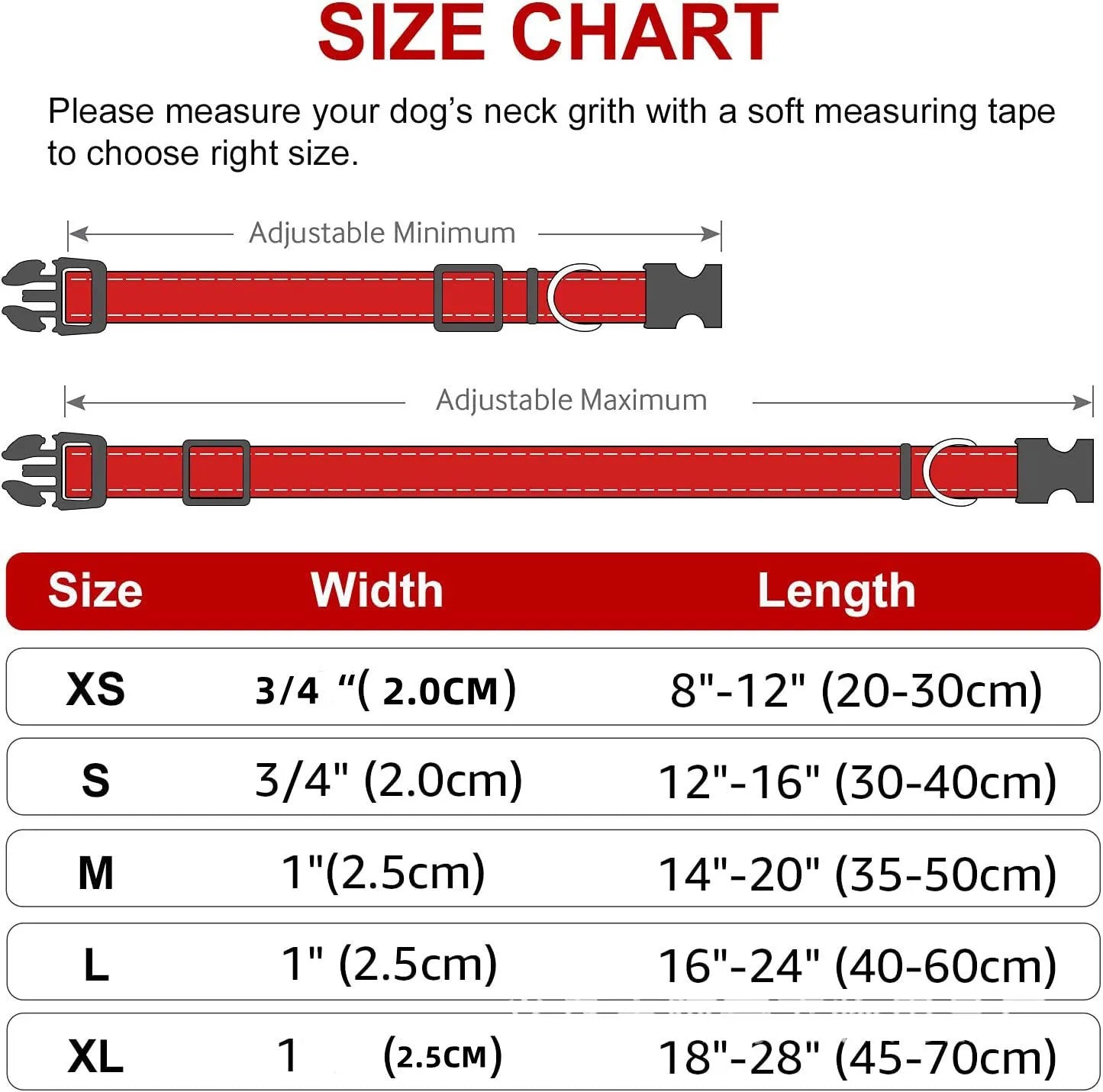 Sizing table mapping out width and length measurements for sizes extra small through extra large