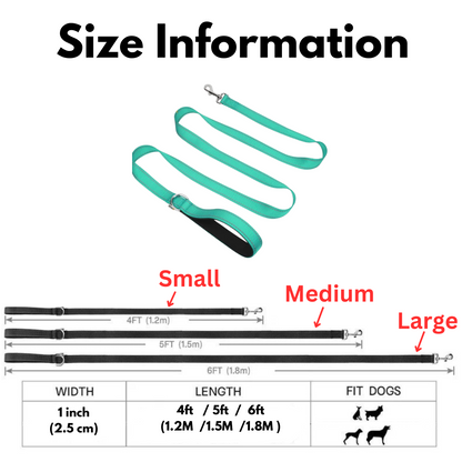 Sizing metrics chart outlining small medium and large options for the one inch wide nylon dog leash