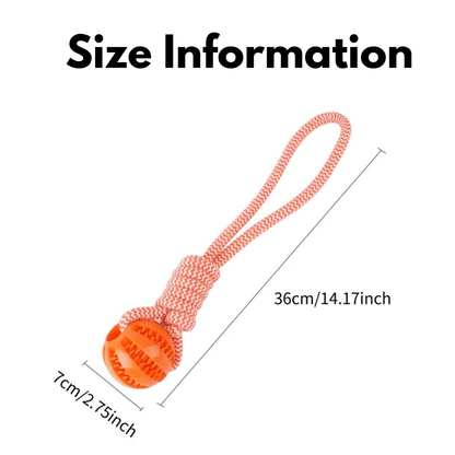 Product size graphic indicating the braided rope loop measures thirty six centimeters long and the rubber ball diameter is seven centimeters