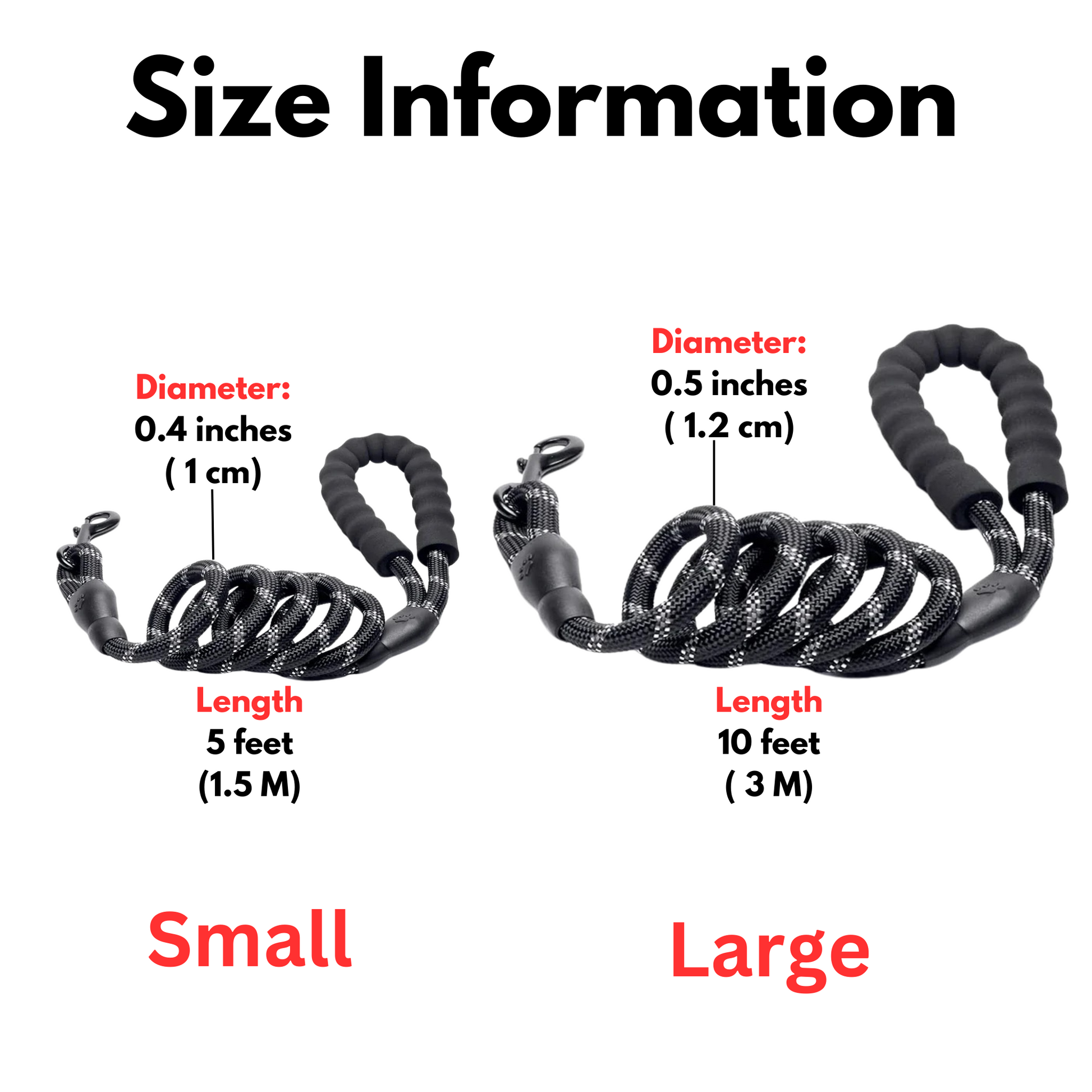 Size info chart comparing the small five foot length and large ten foot length elastic dog leashes