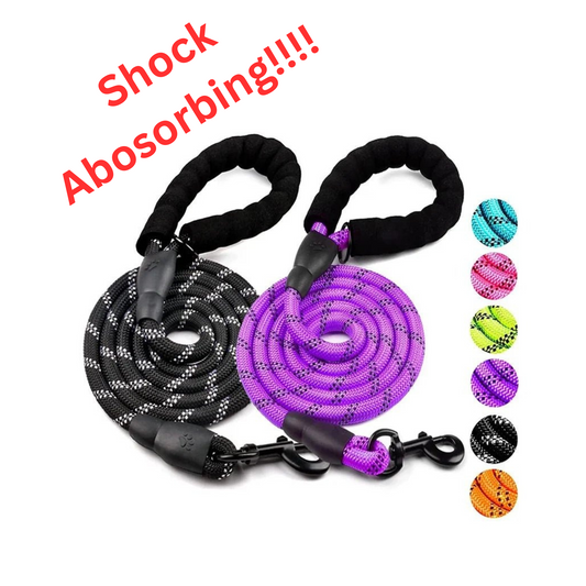 A black and a purple shock absorbing reflective dog leash with padded foam handles displayed against a white background