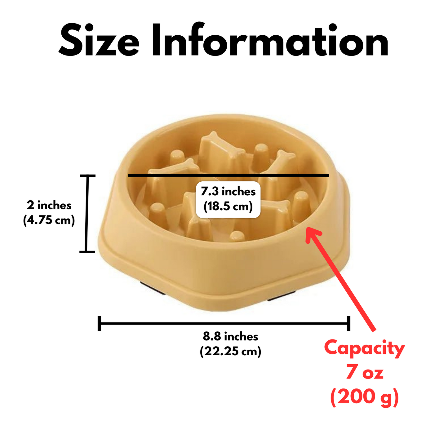 Size information diagram showing the 7.3 inch diameter and 7 ounce capacity of the slow feeder dog bowl