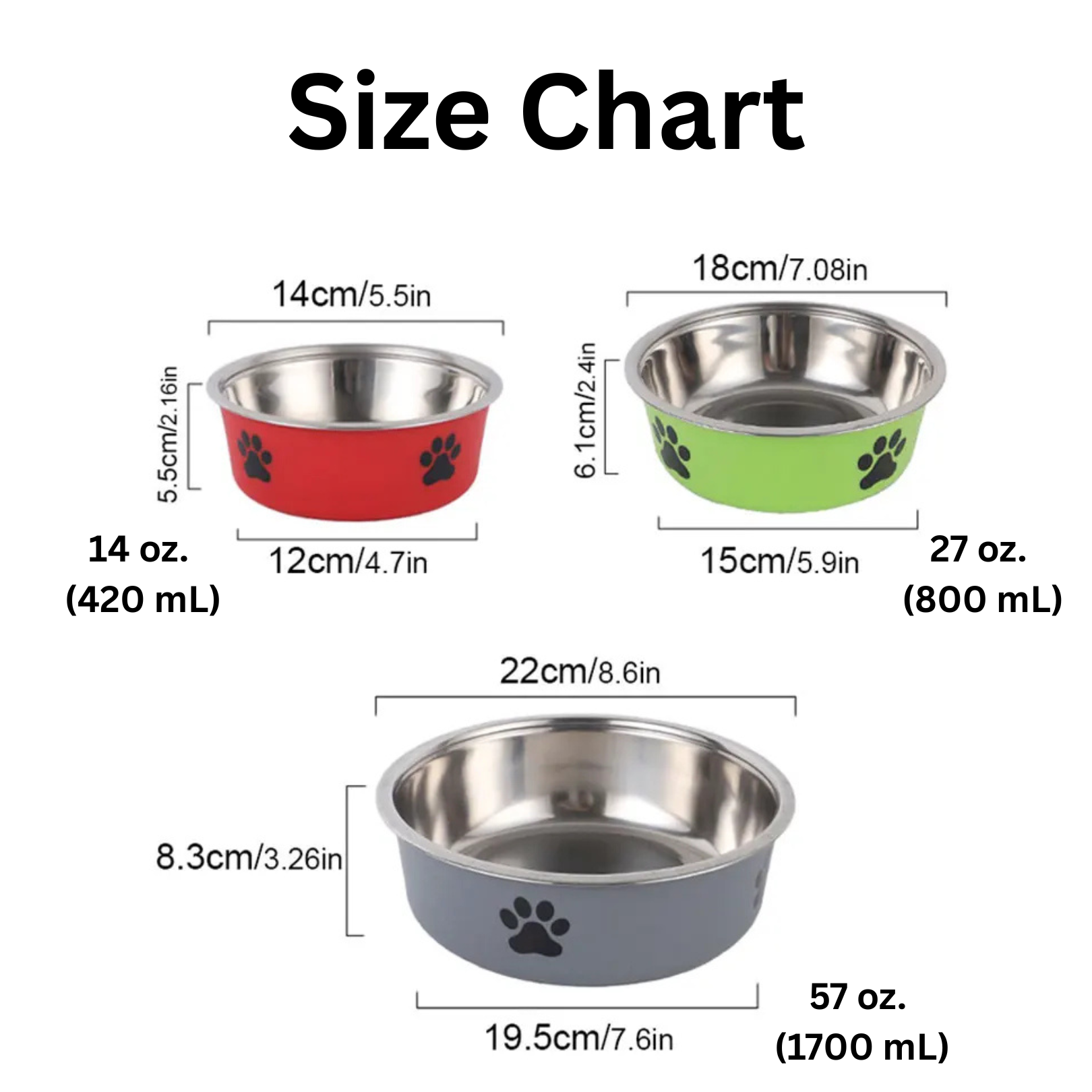 Size chart for 14 oz, 27 oz, and 57 oz stainless steel non-slip dog bowls with dimensions