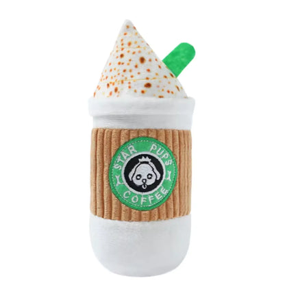Front view of the standalone coffee cup plush dog toy standing upright against a plain white studio background