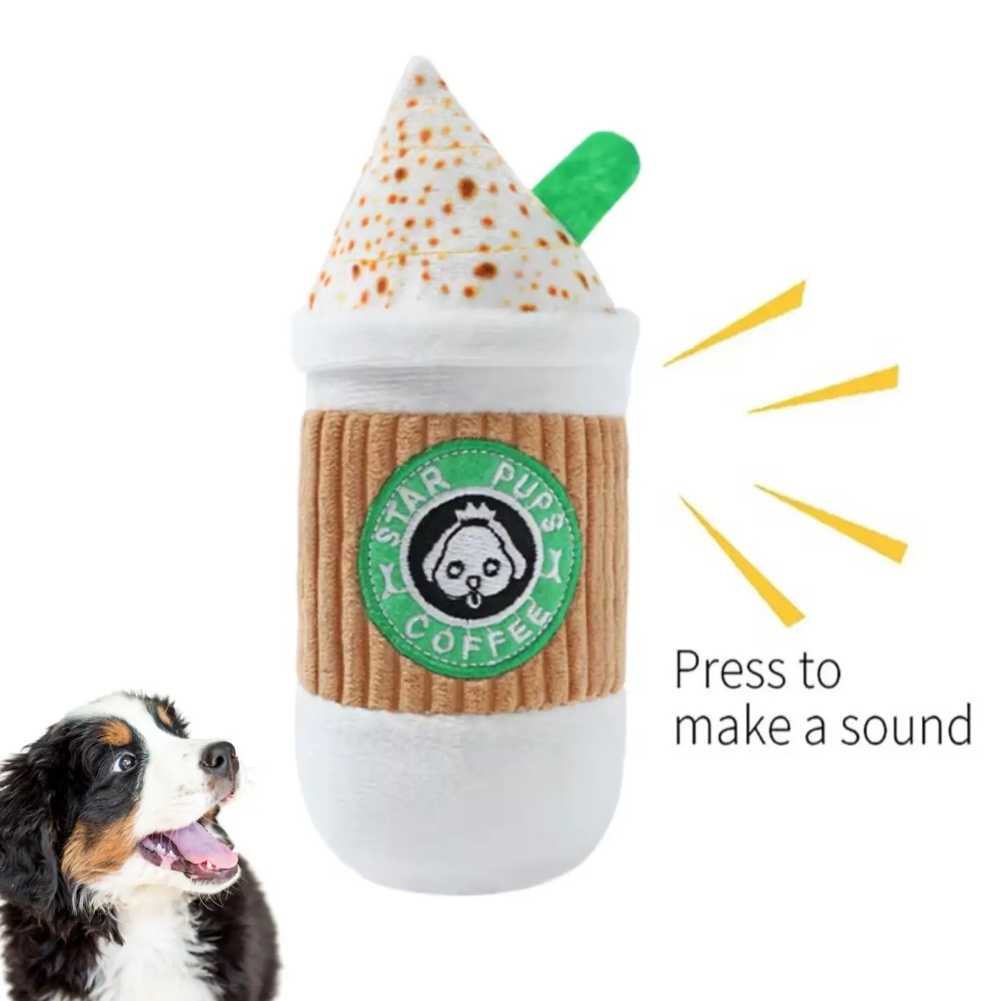 Plush coffee cup dog toy with a green straw and corduroy sleeve next to a happy dog with text saying press to make a sound