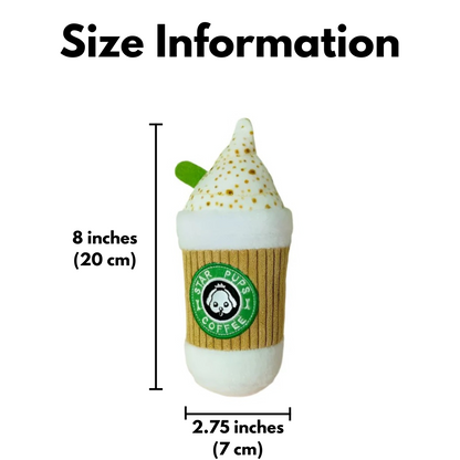 Size measurement graphic showing the plush toy is eight inches tall and two point seventy five inches in diameter