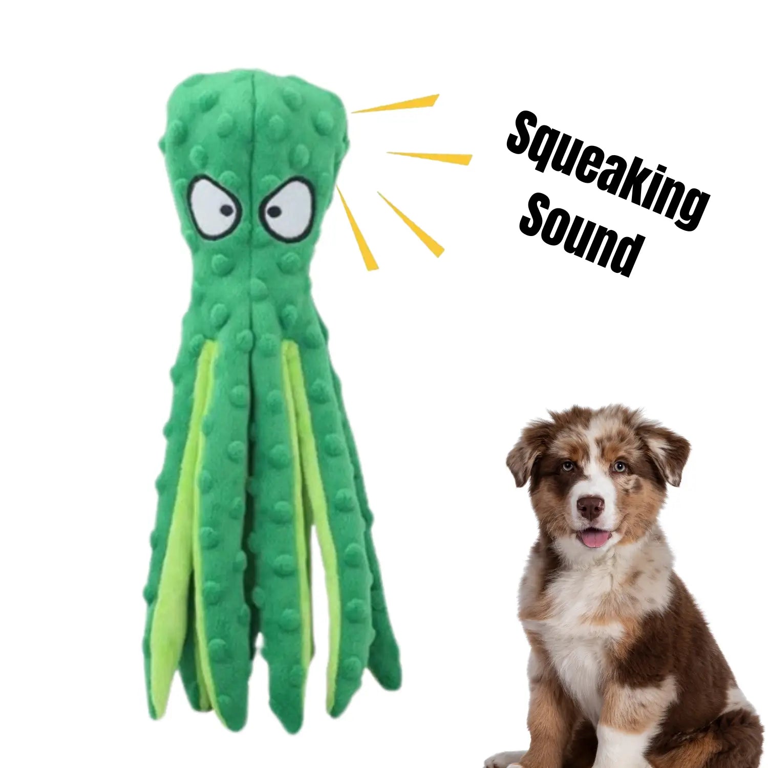 Green stuffing-free plush octopus dog toy with cartoon eyes showing text lines indicating a squeaking sound next to a small brown and white puppy