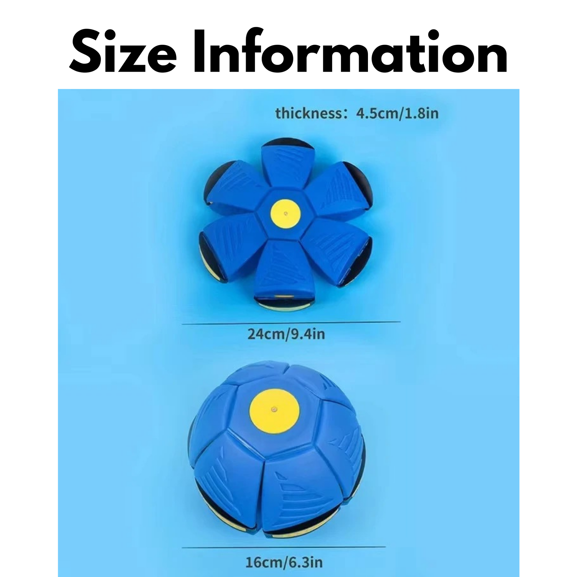 Product dimensions graphic showing the flat flying disc form measures twenty four centimeters wide and the compressed round ball form measures sixteen centimeters