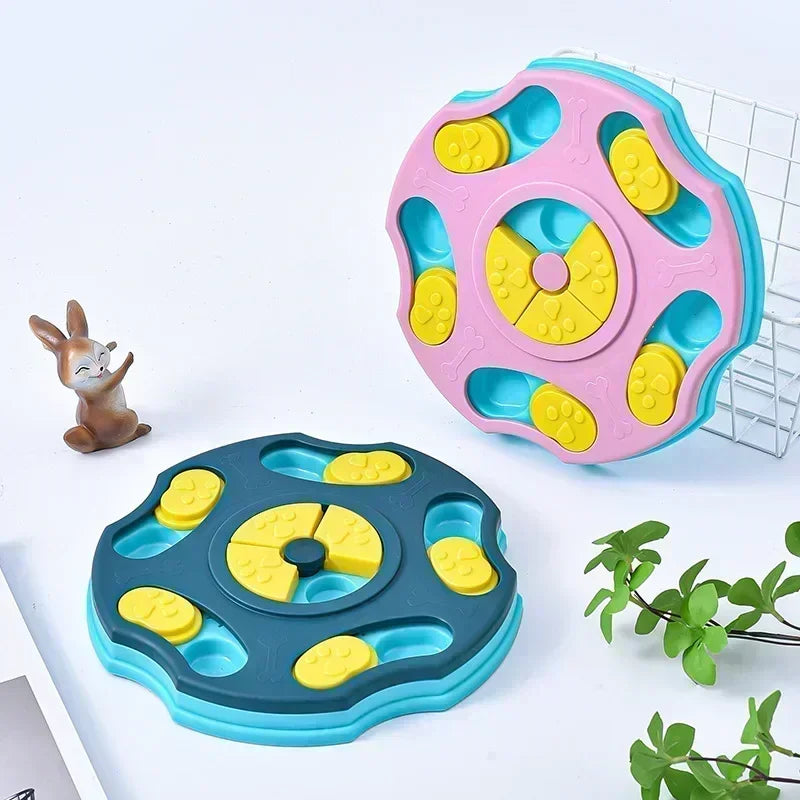 Two colorful pet toys with yellow centers on a light background