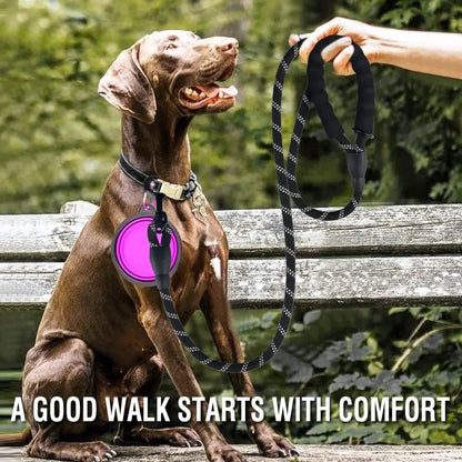 A sleek brown Weimaraner dog sitting calmly on a wooden bench outdoors attached to a strong black nylon leash