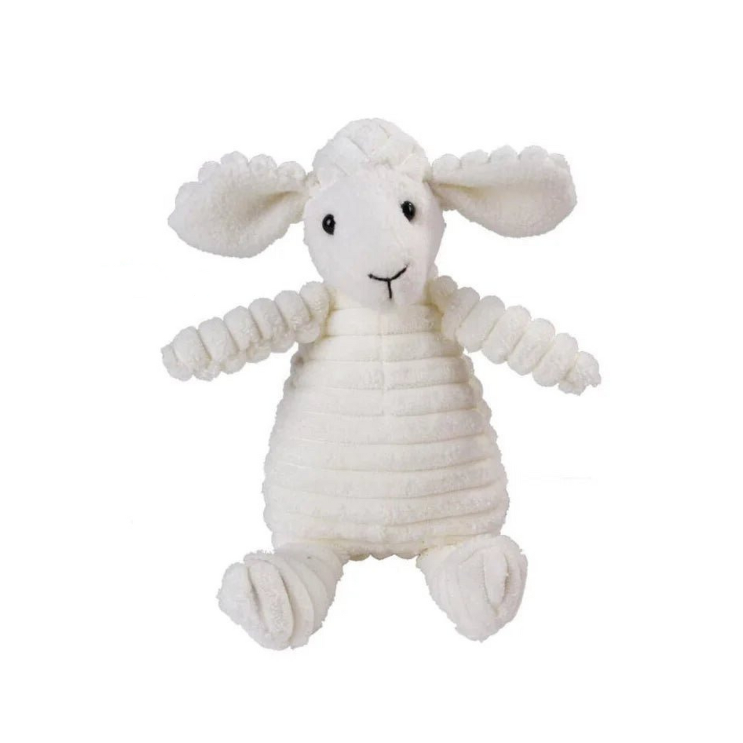 A standalone cream white corduroy plush sheep dog toy with floppy grey ears