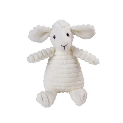A standalone cream white corduroy plush sheep dog toy with floppy grey ears