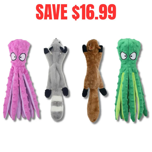 Wild & Wiggly Dog Toy Set – 4 no-stuffing squeaky dog toys with sale banner