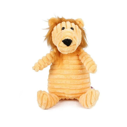 A standalone soft yellow corduroy plush lion dog toy with a rounded mane